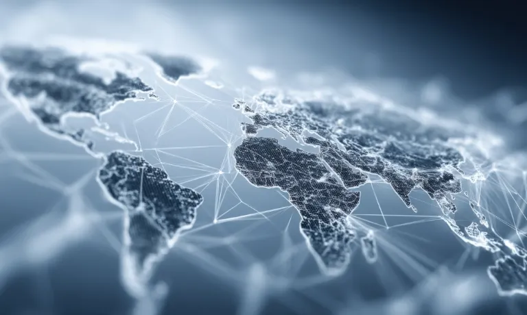  地球のデジタル化された地図が描かれており、データネットワークが世界中に張り巡らされている様子を表現しています。この画像は、グローバルなつながりやデジタルな世界観を示しています。