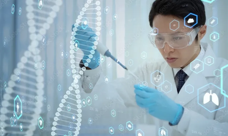 遺伝子研究を行う研究者と、DNAのデジタルホログラム